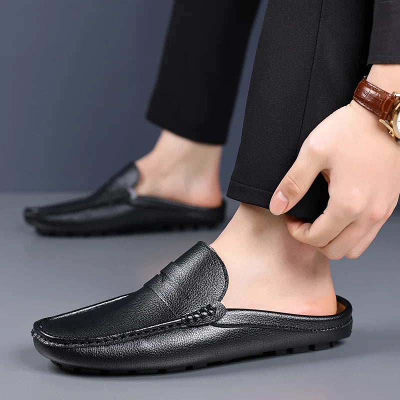 Leather Men’s Half Shoes for Men Comfortable Walking Shoe Casual Designer Shoes Slip-On Solid Color Loafers Flat Slippers 2024