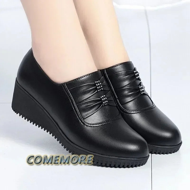 Autumn Mom PU Leather Flat Platform Winter Comfort Black Women‘s Shoes Loafers Wedges Heel Female Ballet Shoes Casual Round Head