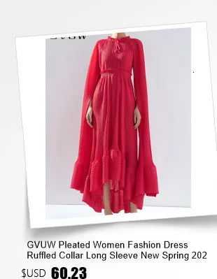 GVUW Pleated Fashion V Neck Full Sleeve Dress Women Gathered Waist Loose Medium Long A Line New 2024 Summer Eleagnt Lady 17G5620