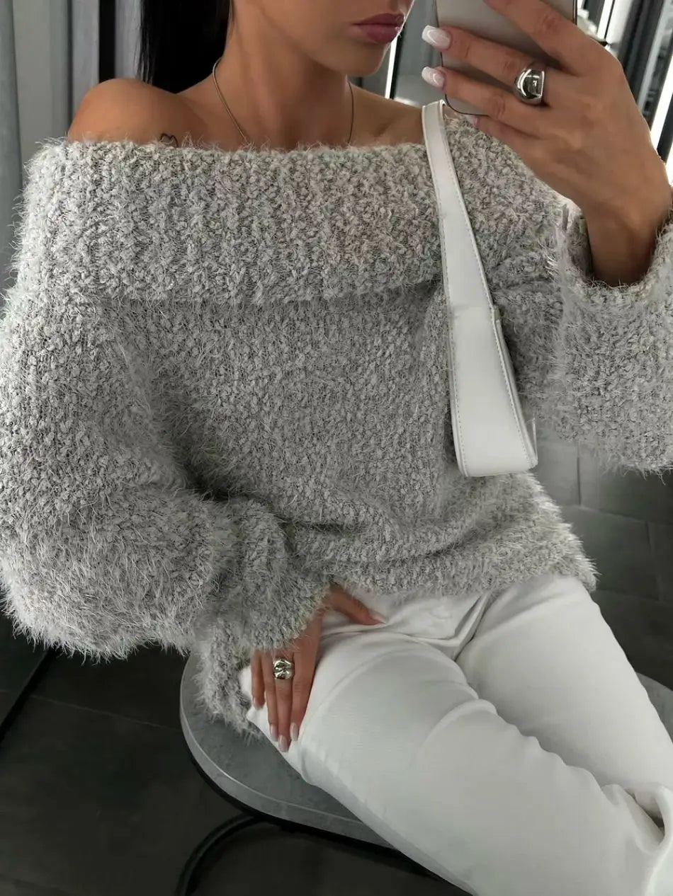 Sexy Women's knitted Sweater with Open Shoulders Autumn Winter Long Sleeve gray Fluffy Sweaters for Women Solid Oversize Sweater