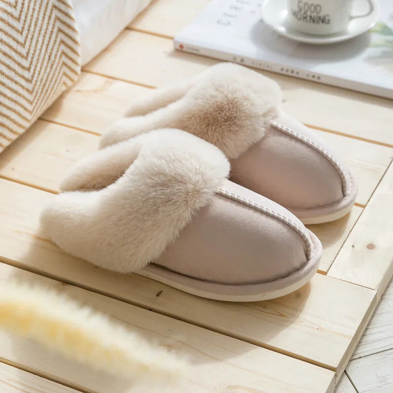 Warm Fur Indoor Home Slippers Women 2023 Winter Soft Plush Couple Cotton Padded Shoes Comfy Anti-Slip Flat Fluffy Slippers Woman