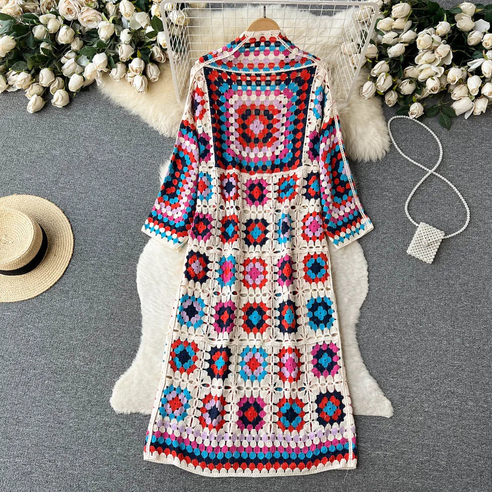 SINGREINY Summer Holiday Beach Long Cardigans Spring Fashion Vintage Floral Knit Cardigan Streetwear Loose Hollow Out Overcoat