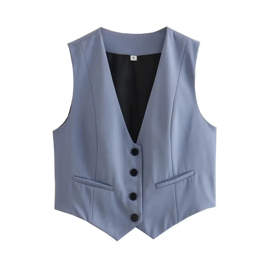 KAOPU ZA Women Fashion Front Buttons Cropped Waistcoat Vintage V Neck Sleeveless Female Outerwear Chic Tops