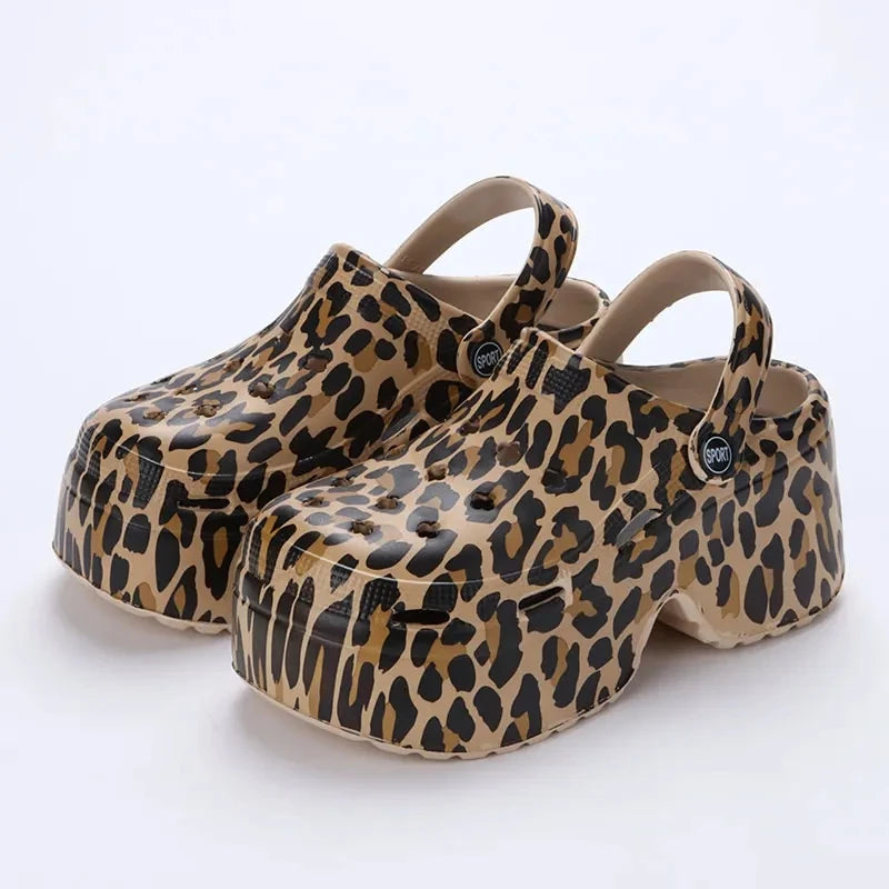 Rimocy Leopard Print 9Cm Women Hole Shoes Summer Thick Bottom Clogs for Woman Chunky Platform Slippers Non-Slip Garden Sandals