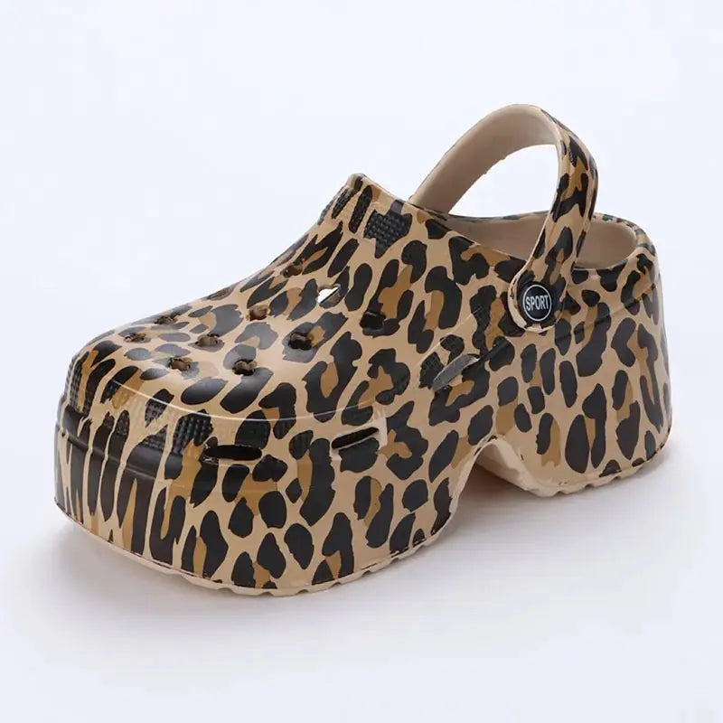 Rimocy Leopard Print 9Cm Women Hole Shoes Summer Thick Bottom Clogs for Woman Chunky Platform Slippers Non-Slip Garden Sandals