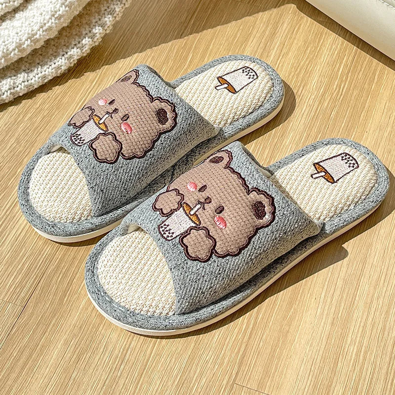 Comwarm Cute Cartoon Slippers For Women Summer Linen Woman' s Slippers Men Falt Flip Flops Indoor Home Non-Slip Cotton Slippers