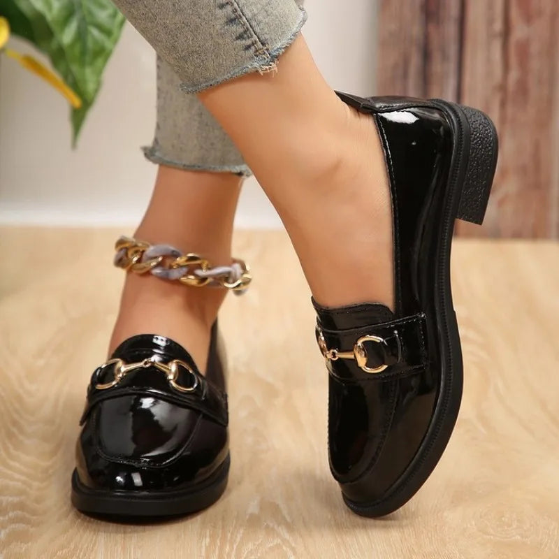 2024 Spring Women’s Leather Shoes British Style Metal Chain Black Mary Jane Low Heels Ladies Casual Loafers Plus Size 43