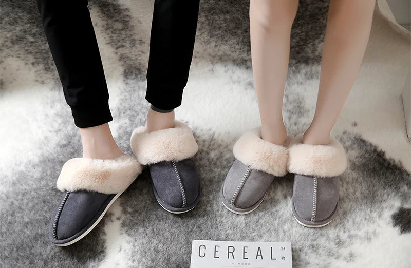 Warm Fur Indoor Home Slippers Women 2023 Winter Soft Plush Couple Cotton Padded Shoes Comfy Anti-Slip Flat Fluffy Slippers Woman