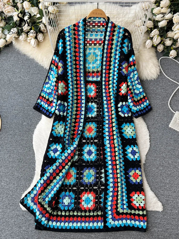 SINGREINY Summer Holiday Beach Long Cardigans Spring Fashion Vintage Floral Knit Cardigan Streetwear Loose Hollow Out Overcoat