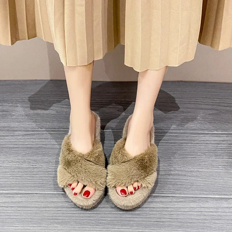 Women‘s Slippers Solid Color Shoes Outside Casual Flops Ladies Fur Slides Females 2024 High-Heels Winter Wedge Modern Slippers