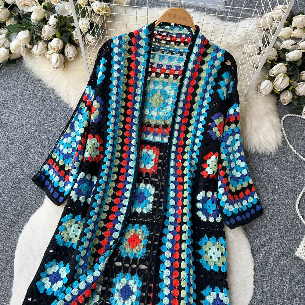 SINGREINY Summer Holiday Beach Long Cardigans Spring Fashion Vintage Floral Knit Cardigan Streetwear Loose Hollow Out Overcoat