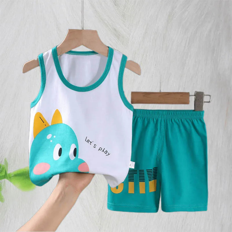 Boys Vest Set Summer Cotton New Clothes Children's Sleeveless Cartoon Wool Comfort Set Class A Thin Two-piece Set for 6-9months