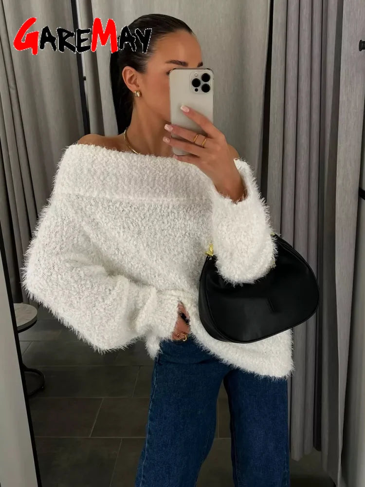 Sexy Women's knitted Sweater with Open Shoulders Autumn Winter Long Sleeve gray Fluffy Sweaters for Women Solid Oversize Sweater