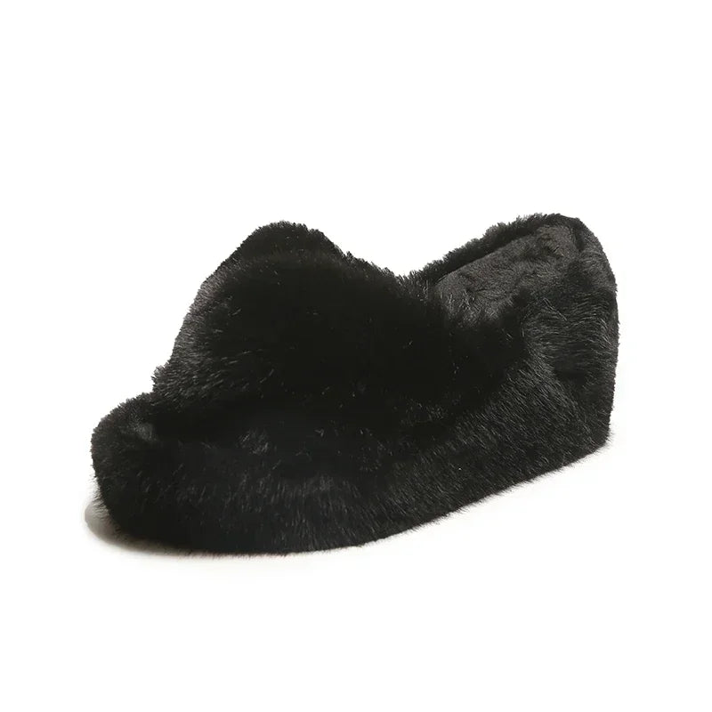 Women‘s Slippers Solid Color Shoes Outside Casual Flops Ladies Fur Slides Females 2024 High-Heels Winter Wedge Modern Slippers