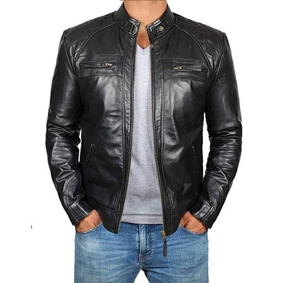 2024 New Spring and Autumn Men's Fashion Handsome Leather Coat Stand Collar Punk Motorcycle Leather Jacket  Faux Leather