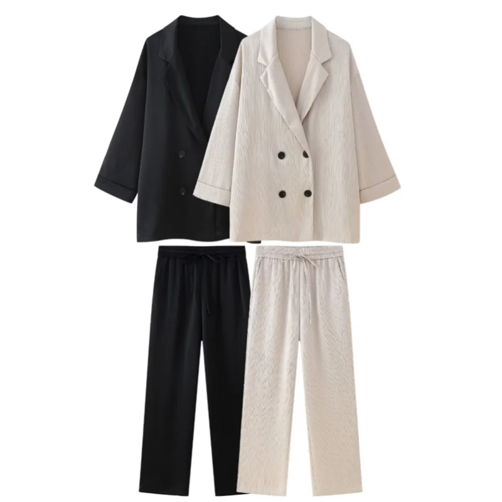 PB&ZA 2024 Spring New Women's Fashion and Elegance Versatile Wrinkle Effect Double breasted Suit Coat Straight leg Trouser Set