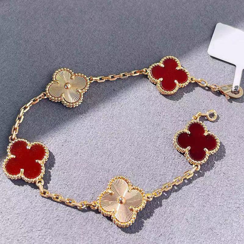 18k High Qulity Rose Gold Fanjia Gold Clover Bracelet With Four Leaf Grass And Five Flower Design, Thick Plating, Natural Fritillaria And Red Chalcedony For Women From Harmonyie China